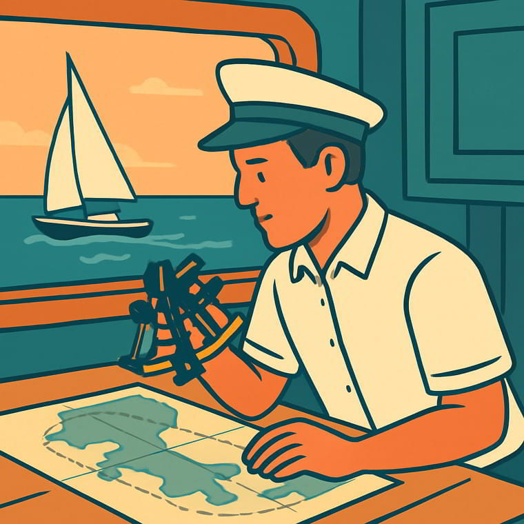 Mariner with sextant studies nautical chart, earning YachtMaster Offshore licence and certified yacht‑care professionalism.