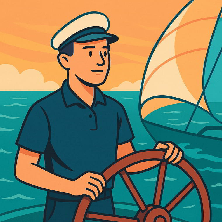 Skipper helms sailboat off the French Riviera, refining yacht operations and care methods later used in Costa Smeralda.
